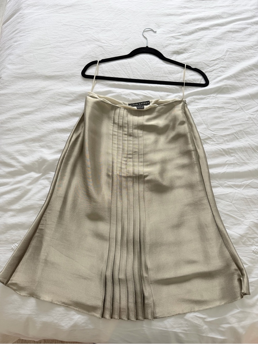 Ralph Lauren Silver Satin Pleated A-Line Skirt 100% Silk